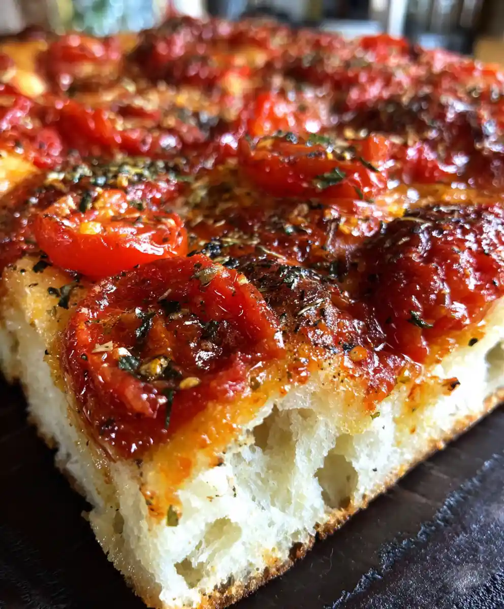 Sicilian Pizza Recipe Thick-Crust Pan with Sauce on Top
