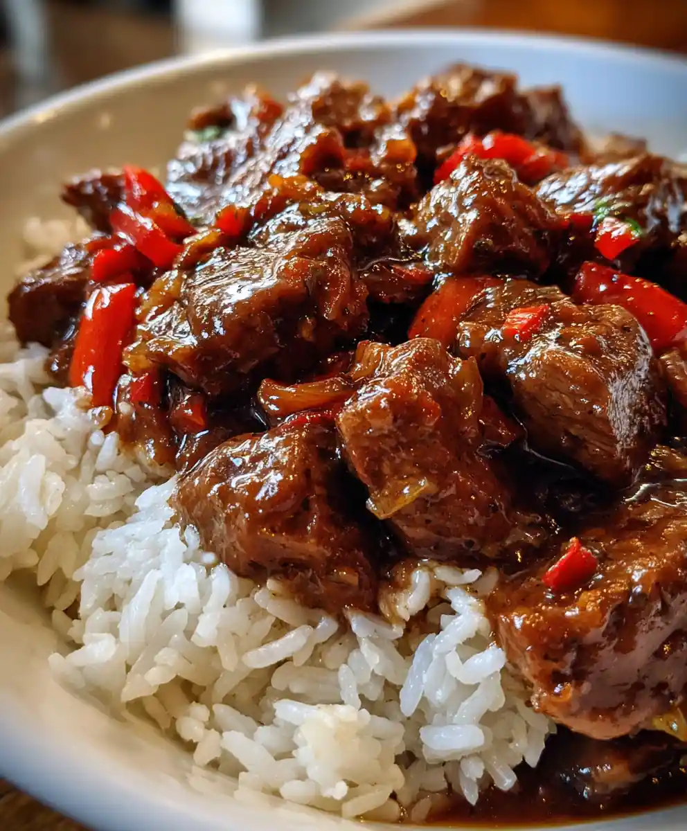 beef tips and rice recipe with Red Pepper Gravy