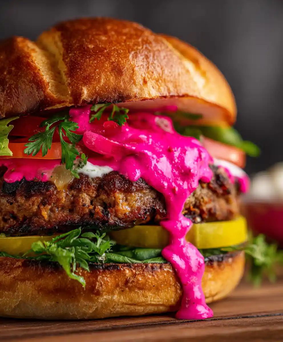 lamb burger recipe With Beet Tzatziki Stain