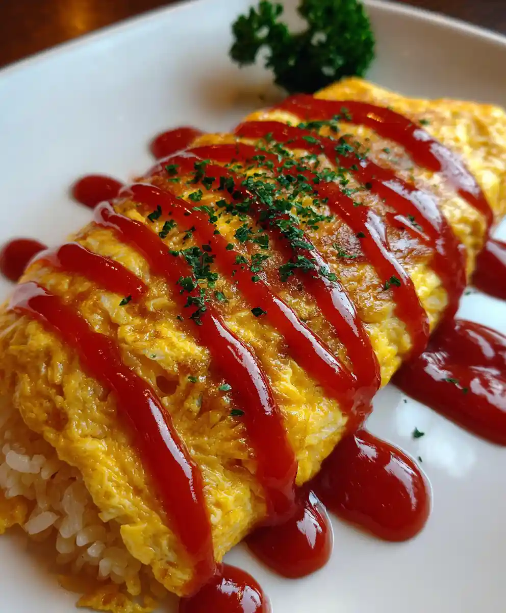 omurice recipe with Ketchup Brush and Parsley Confetti