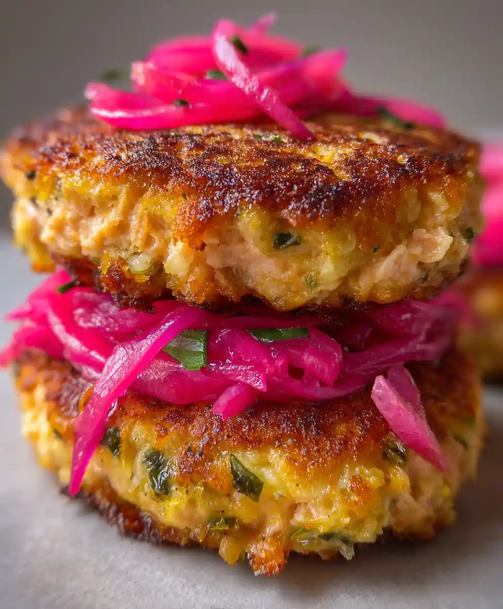 salmon burgers recipe With Pickled Cucumber Pink Stack