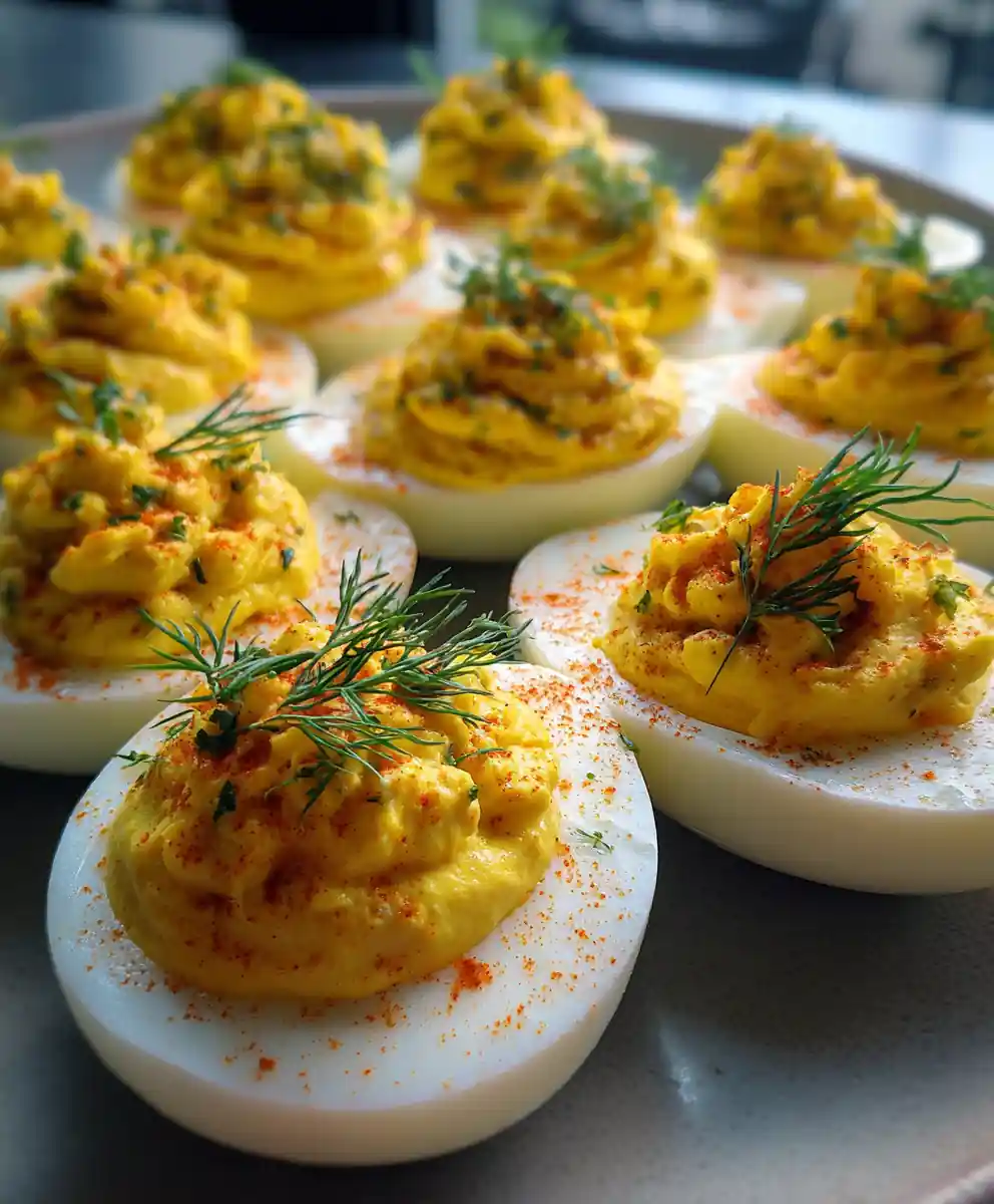simple deviled egg recipe with Turmeric Pickle Relish