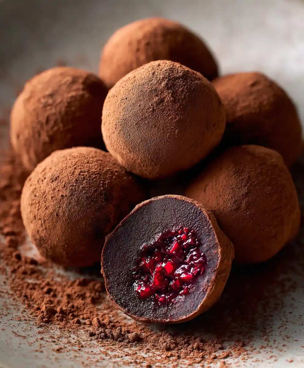 chocolate truffles recipe Dark Cocoa Dust With Raspberry Centers