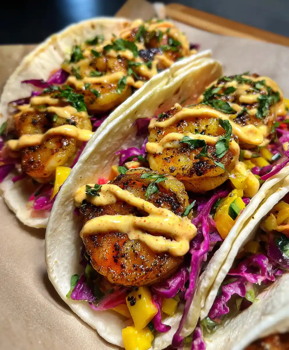 shrimp tacos recipe Mango Slaw and Chili Crema