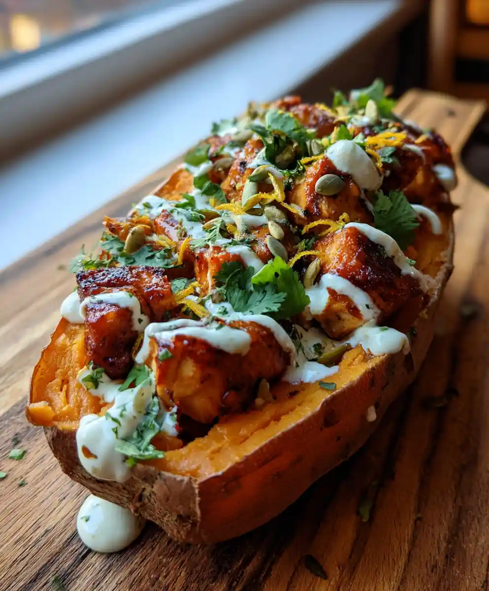 BBQ Chicken Stuffed Sweet Potatoes with Chipotle Lime Crema