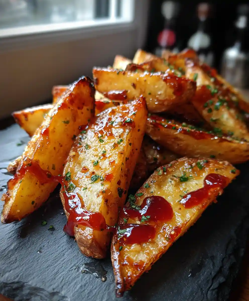 Baked Garlic Parmesan Potato Wedges with Roasted Red Pepper Pomegranate Glaze