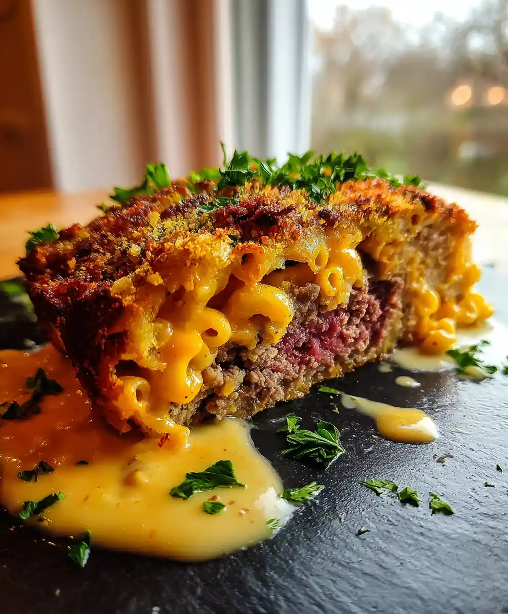Baked Mac and Cheese Meatloaf with Garlic Herb Crumb Topping