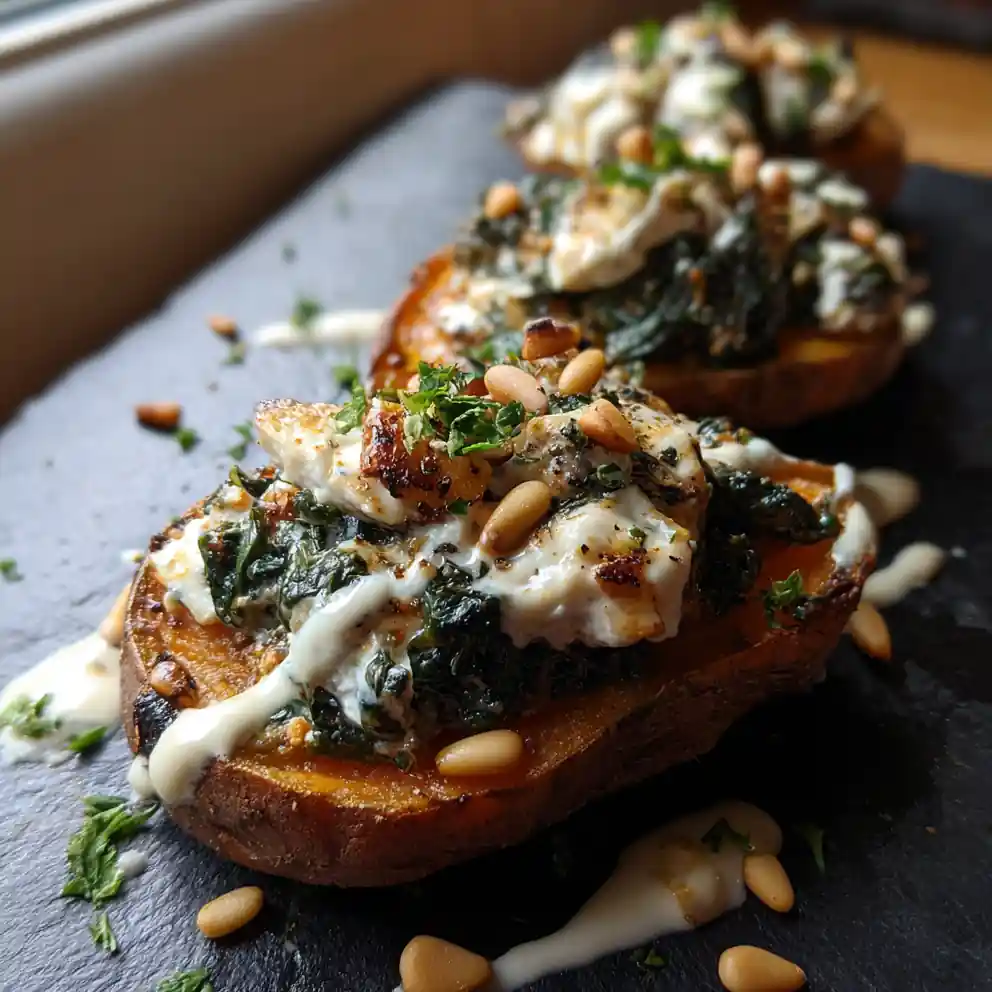 Baked Stuffed Sweet Potatoes With Spinach Mushroom Rosemary Filling And Smoky Chipotle Feta Cream 6 Baked Stuffed Sweet Potatoes with Spinach Mushroom Rosemary Filling and Smoky Chipotle Feta Cream