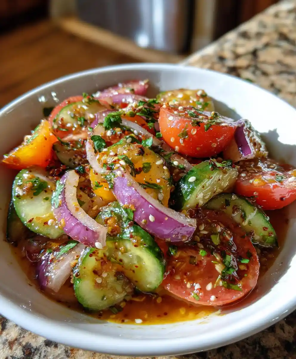 Bright Ginger Sesame Pickled Tomato, Cucumber & Onion Medley