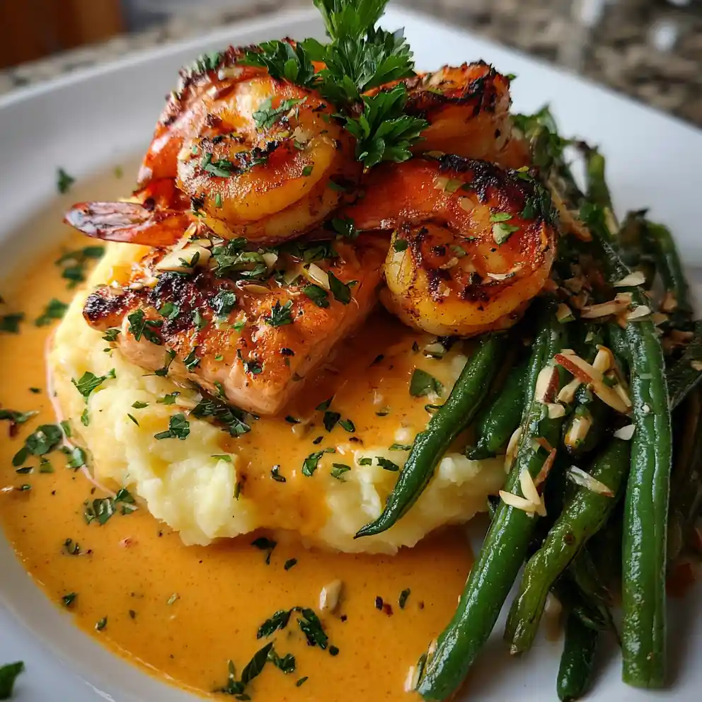 Cajun Shrimp & Salmon With Orange Paprika Garlic Cream Sauce, Mashed Potatoes & Char Glazed Green Beans 6 Cajun Shrimp & Salmon with Orange Paprika Garlic Cream Sauce, Mashed Potatoes & Char Glazed Green Beans
