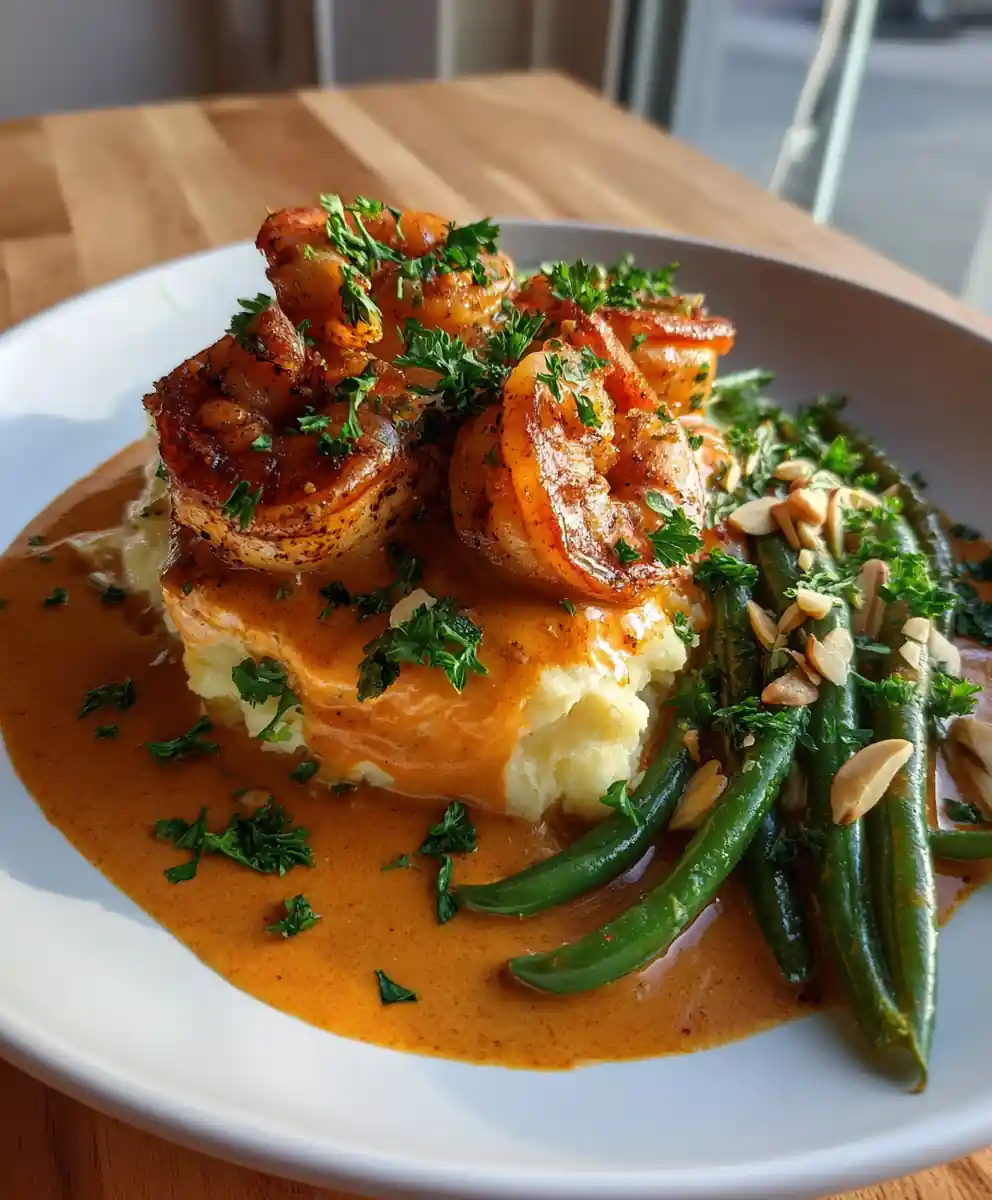 Cajun Shrimp & Salmon With Orange Paprika Garlic Cream Sauce, Mashed Potatoes & Char Glazed Green Beans 7 Cajun Shrimp & Salmon with Orange Paprika Garlic Cream Sauce, Mashed Potatoes & Char Glazed Green Beans