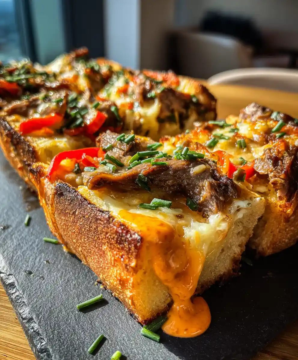 Cheesesteak Stuffed Garlic Loaf with Chipotle Cheese Swirl