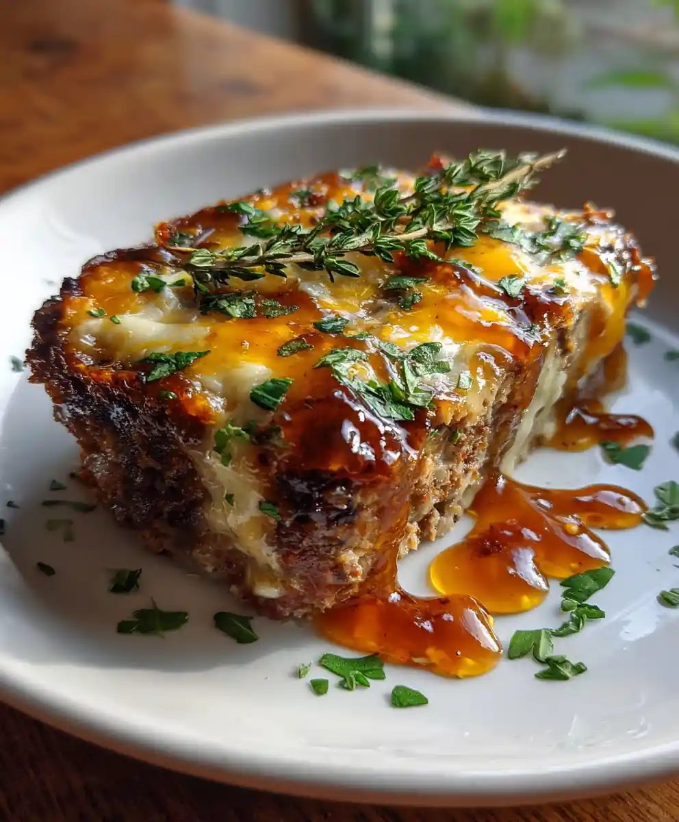 Cheesy Loaded Meatloaf Casserole with Caramelized Onion Thyme Swirl