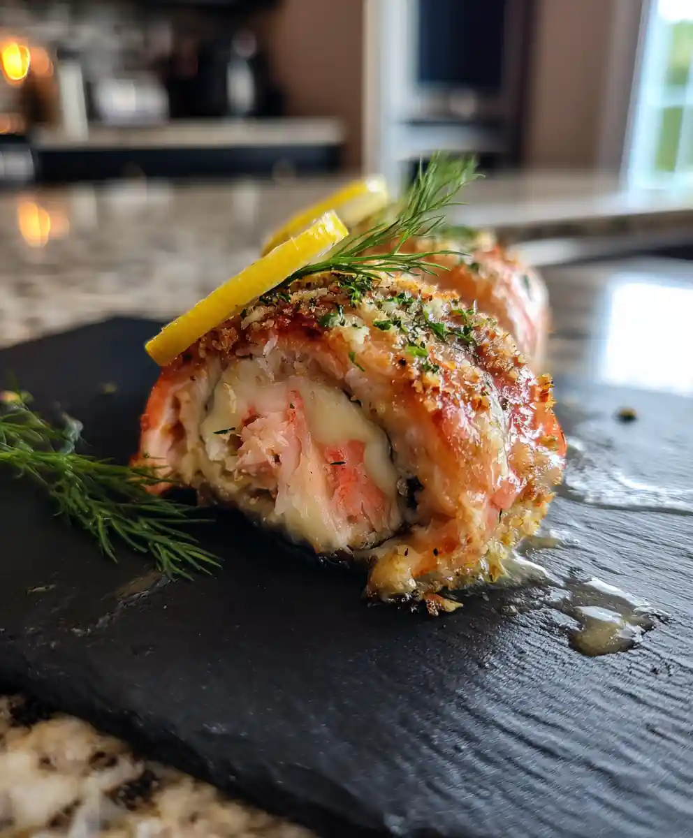 Crab Shrimp Stuffed Salmon with Citrus Saffron Glaze