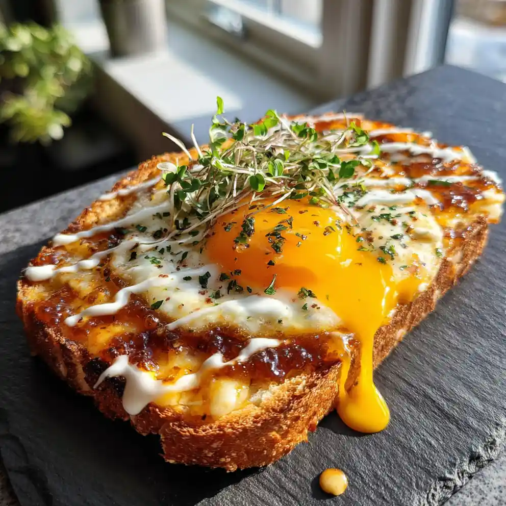 Crispy Air Fried Egg & Cheese Toast With Caramelized Onion Drizzle 6 Crispy Air Fried Egg & Cheese Toast with Caramelized Onion Drizzle