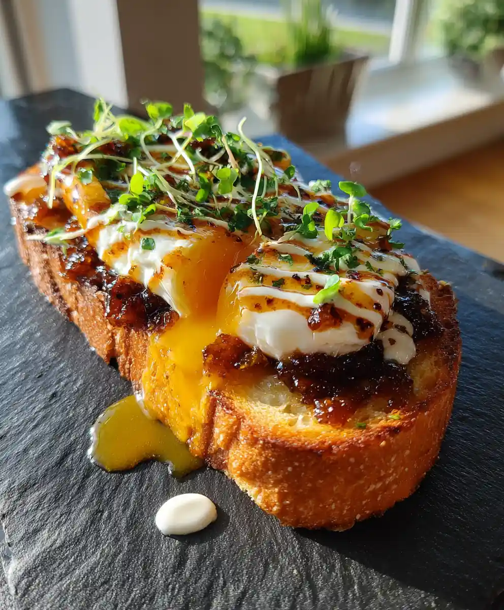 Crispy Air Fried Egg & Cheese Toast With Caramelized Onion Drizzle 7 Crispy Air Fried Egg & Cheese Toast with Caramelized Onion Drizzle