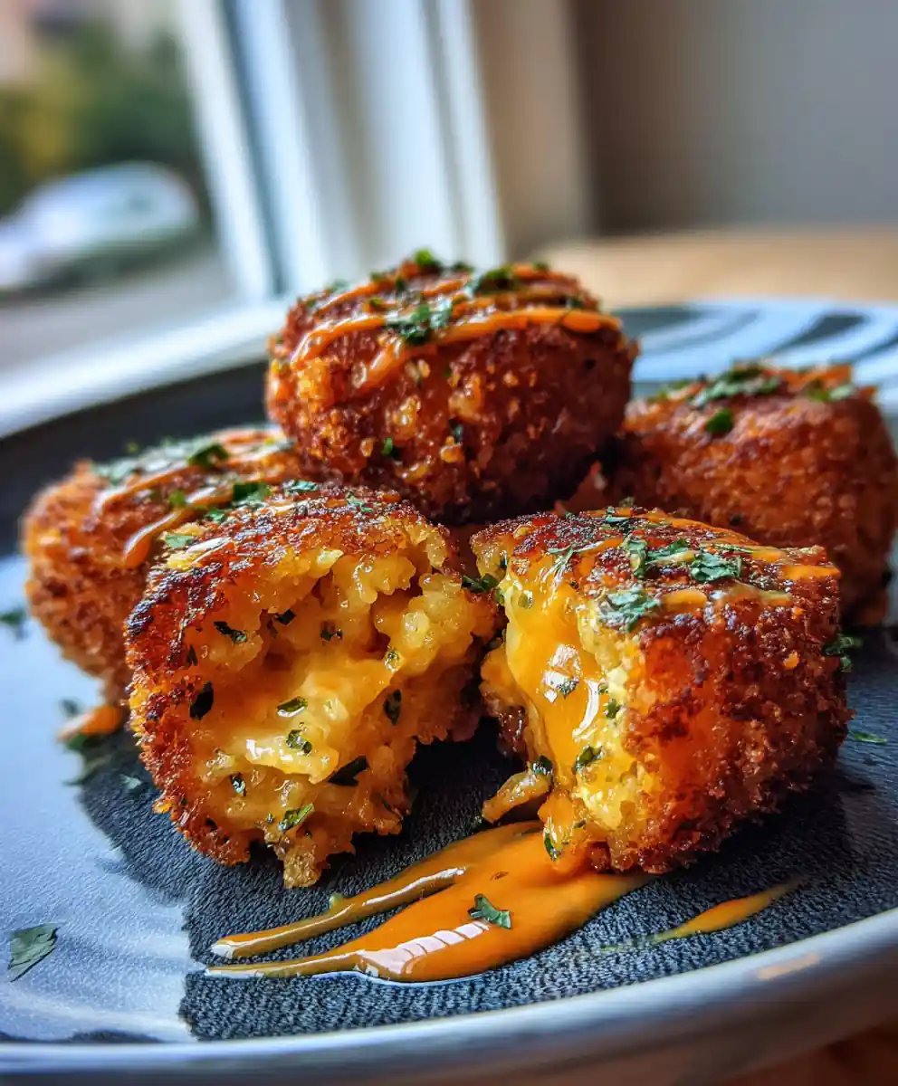 Crispy Air Fried Macaroni and Cheese Balls with Saffron Cheddar Swirl