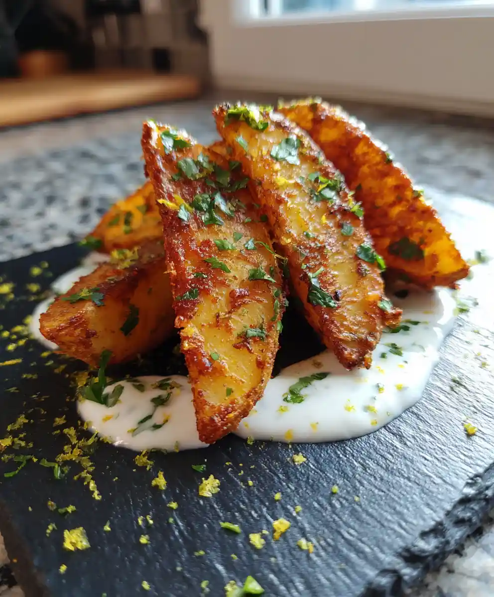 Crispy Air Fried Potato Wedges with Chipotle Lime Drizzle