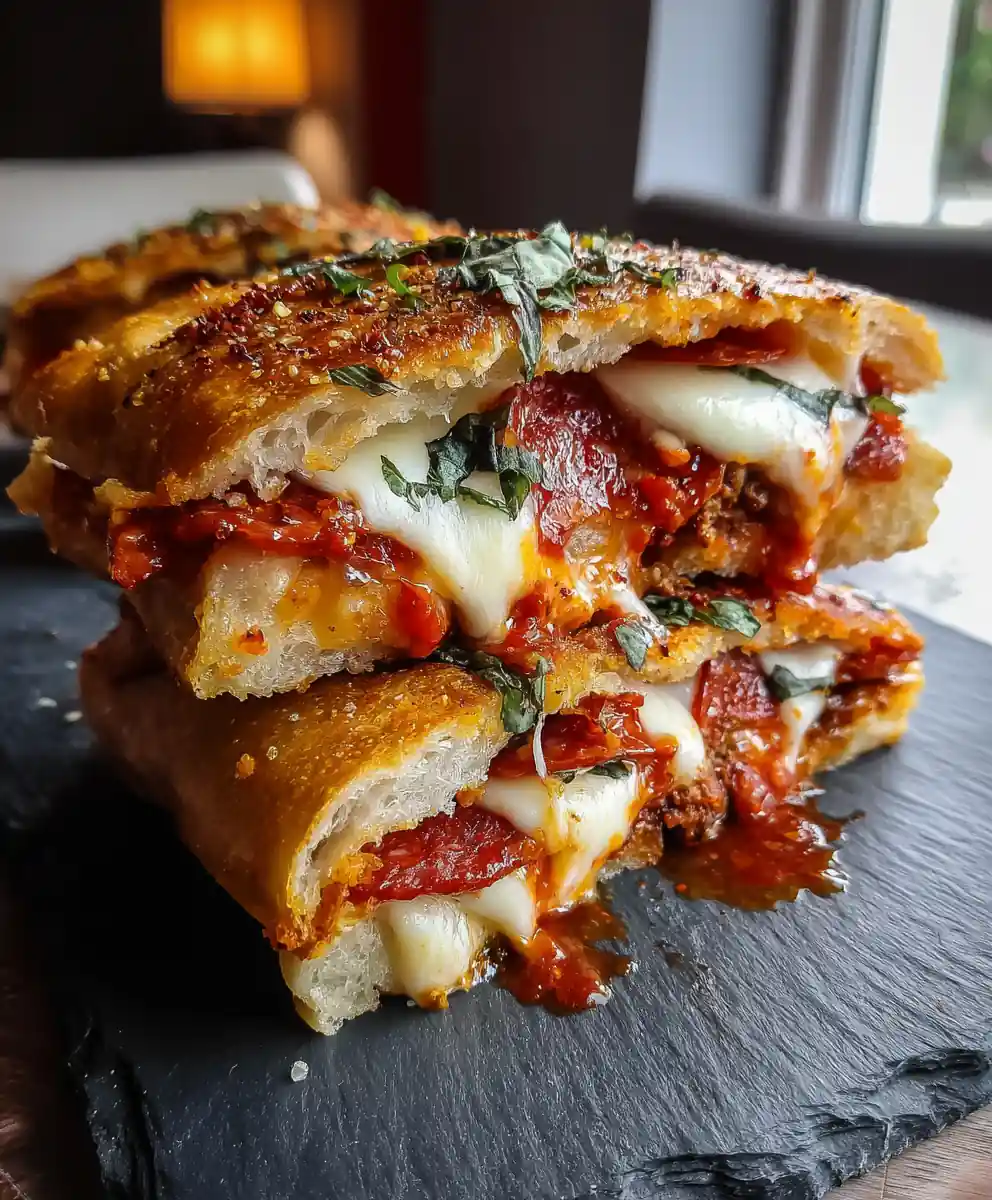 Crispy Beef Pepperoni Style Pizza Panini with Red Pepper Garlic Swirl
