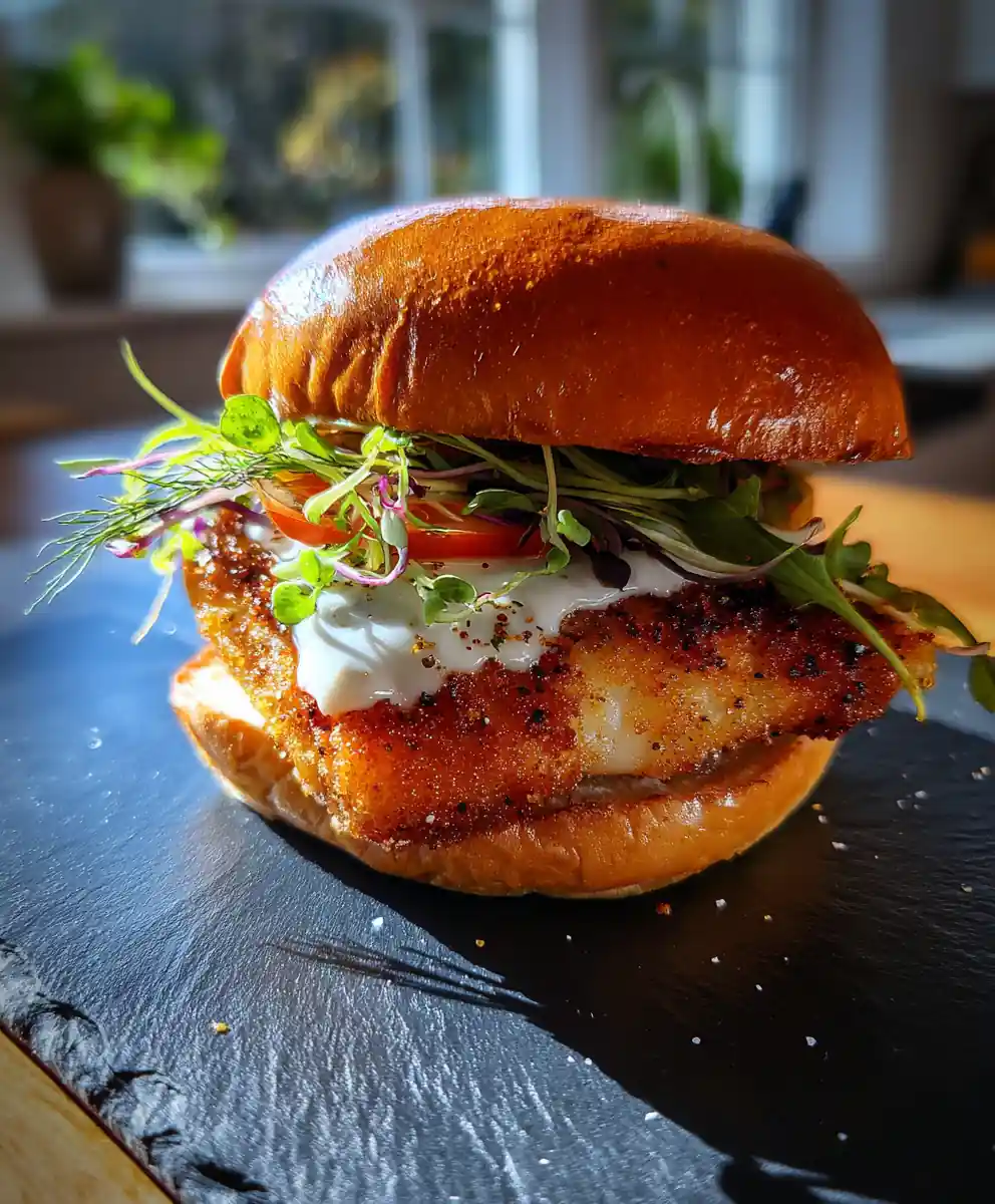 Crispy Fried Cod Sandwich with Lemon Herb Aioli Swirl