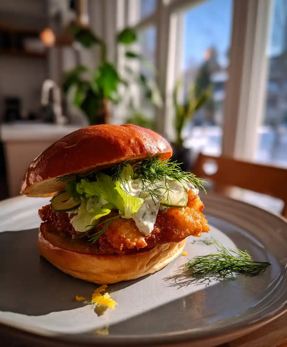 Crispy Fried Fish Sandwich with Lemon Herb Dill Tartar