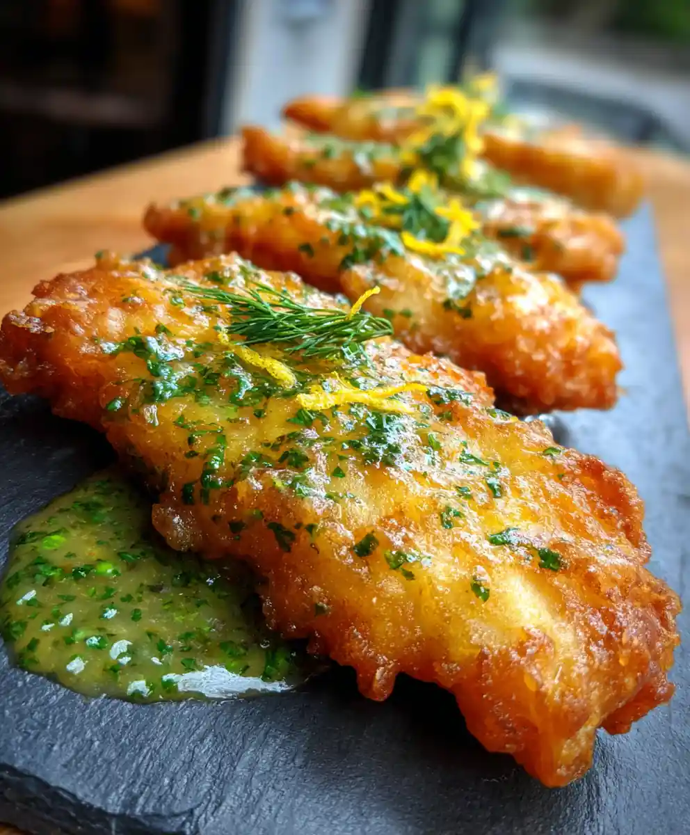 Crispy Herb Infused Batter Dipped Fish with Lime Cilantro Drizzle