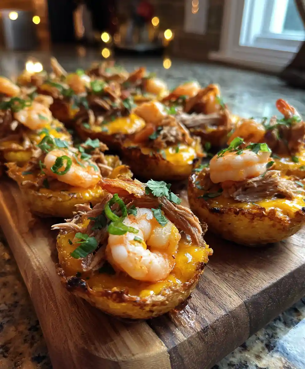 Crispy Smoked Turkey & Shrimp Loaded Potato Skins with Lime Herb Cream