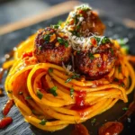 Garlic Butter Meatballs With Roasted Red Pepper Sauce Over Creamy Parmesan Linguine 8 Garlic Butter Meatballs With Roasted Red Pepper Sauce Over Creamy Parmesan Linguine 1767829144.5741594