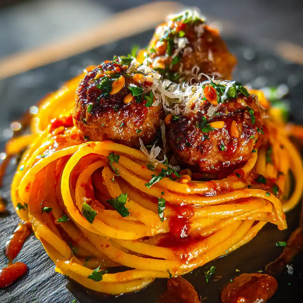 Garlic Butter Meatballs With Roasted Red Pepper Sauce Over Creamy Parmesan Linguine 6 Garlic Butter Meatballs with Roasted Red Pepper Sauce over Creamy Parmesan Linguine