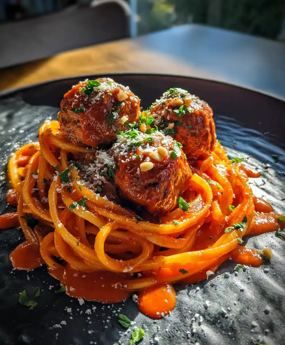 Garlic Butter Meatballs With Roasted Red Pepper Sauce Over Creamy Parmesan Linguine 7 Garlic Butter Meatballs with Roasted Red Pepper Sauce over Creamy Parmesan Linguine