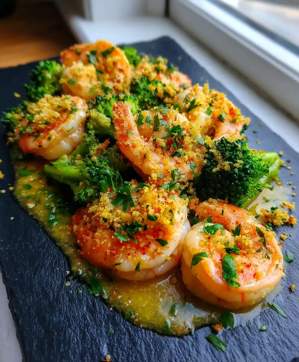 Garlic Butter Shrimp with Broccoli and Lemon Almond Crumble