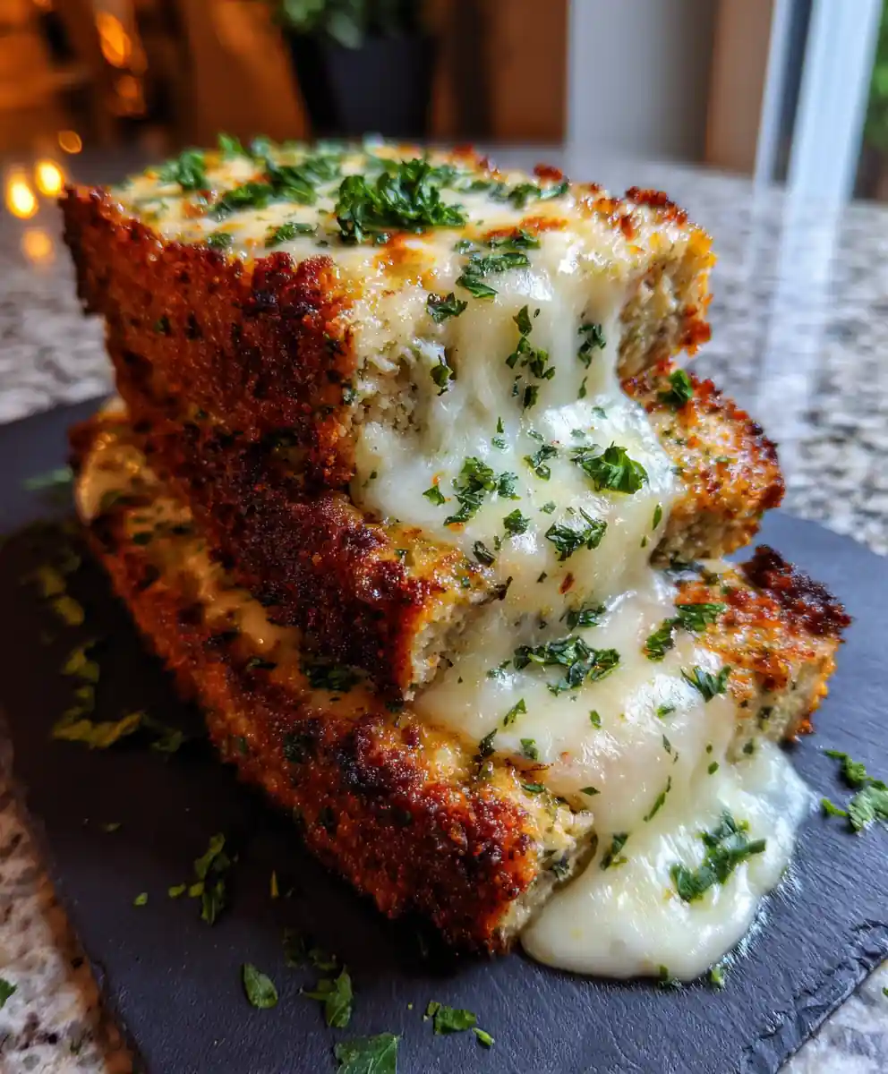 Garlic Parmesan Chicken Meatloaf with Melt In Mozzarella Center