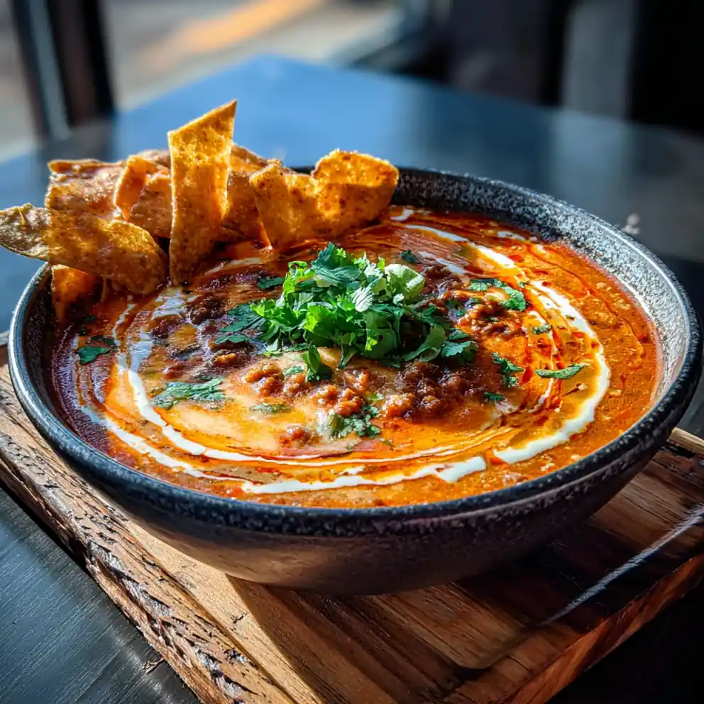 Ground Beef Enchilada Soup With Roasted Red Pepper Cream Swirl 6 Ground Beef Enchilada Soup with Roasted Red Pepper Cream Swirl