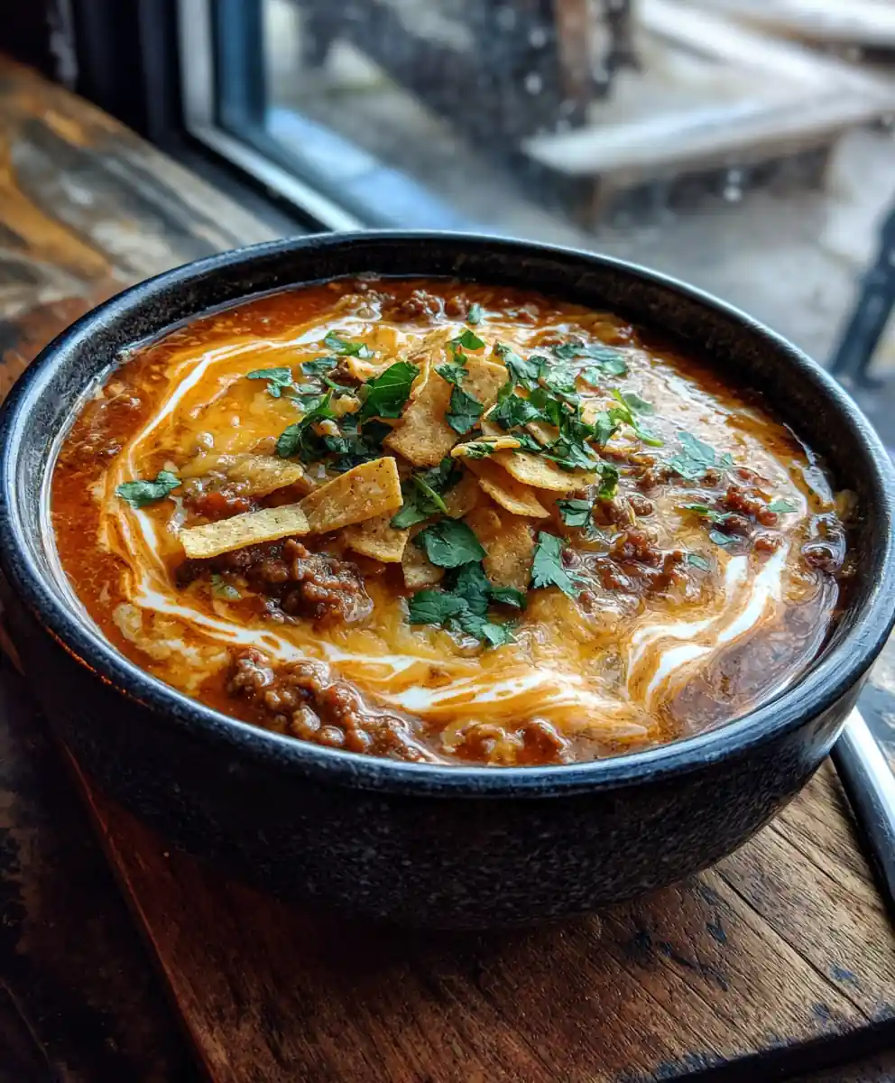 Ground Beef Enchilada Soup With Roasted Red Pepper Cream Swirl 7 Ground Beef Enchilada Soup with Roasted Red Pepper Cream Swirl