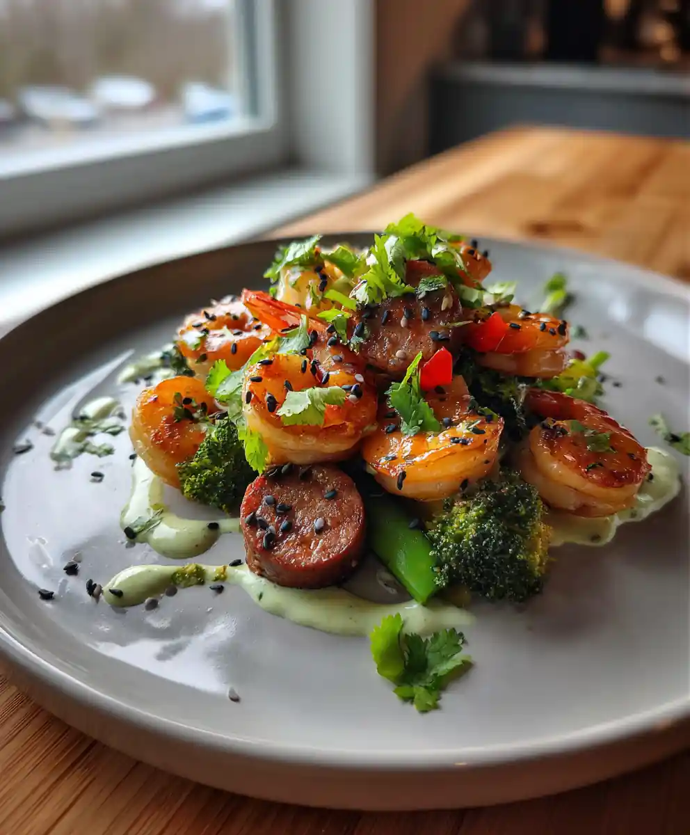 Honey Garlic Shrimp With Chicken Sausage And Veggies, Lime Chili Cream Drizzle 7 Honey Garlic Shrimp with Chicken Sausage and Veggies, Lime Chili Cream Drizzle