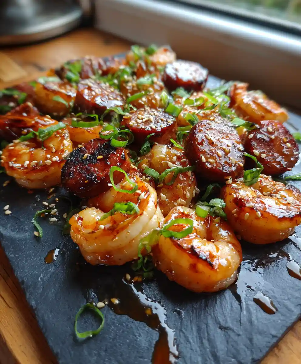 Honey Garlic Shrimp with Sesame Glazed Chicken Sausage