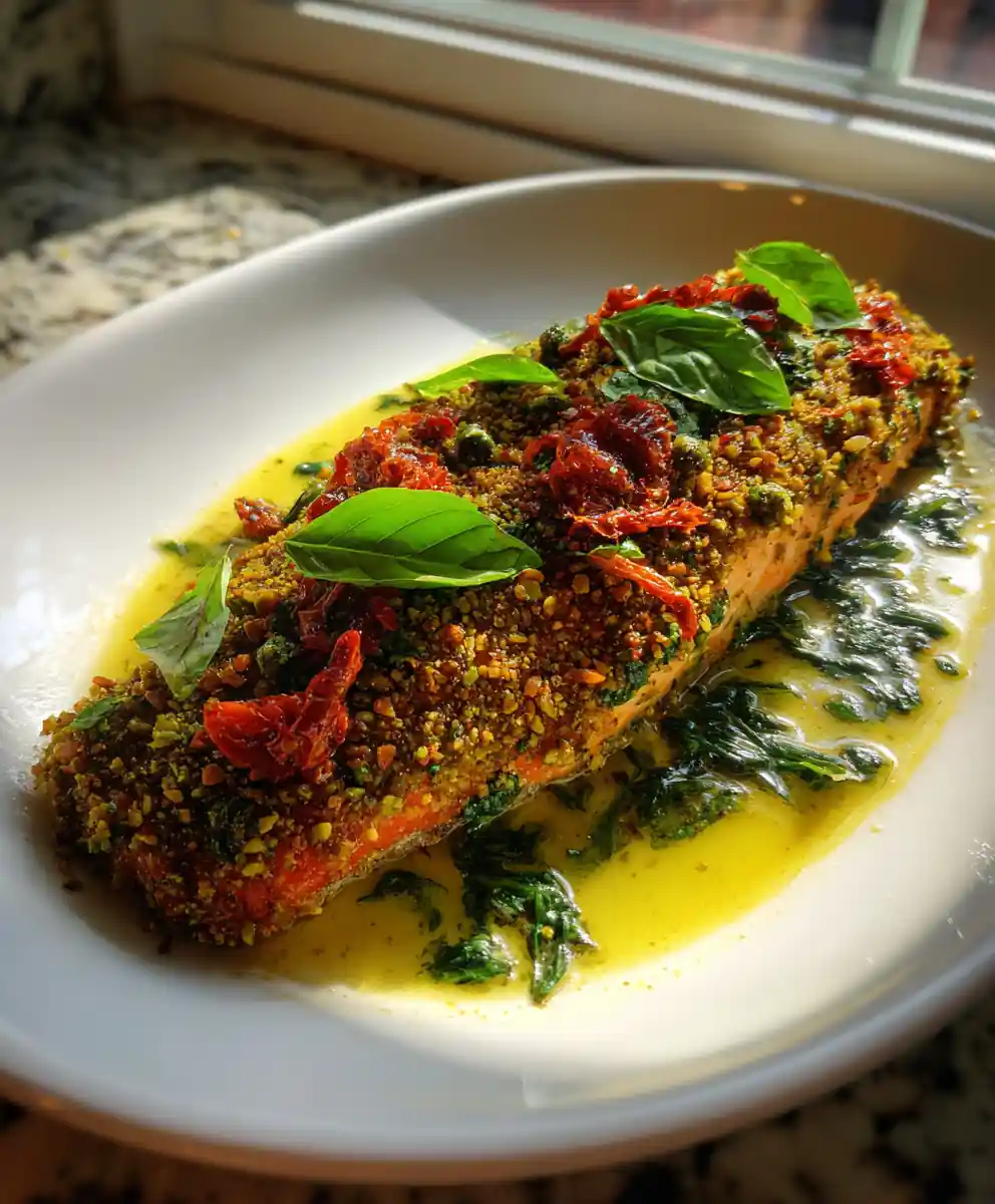 Lemon Pistachio Crusted Creamy Tuscan Salmon