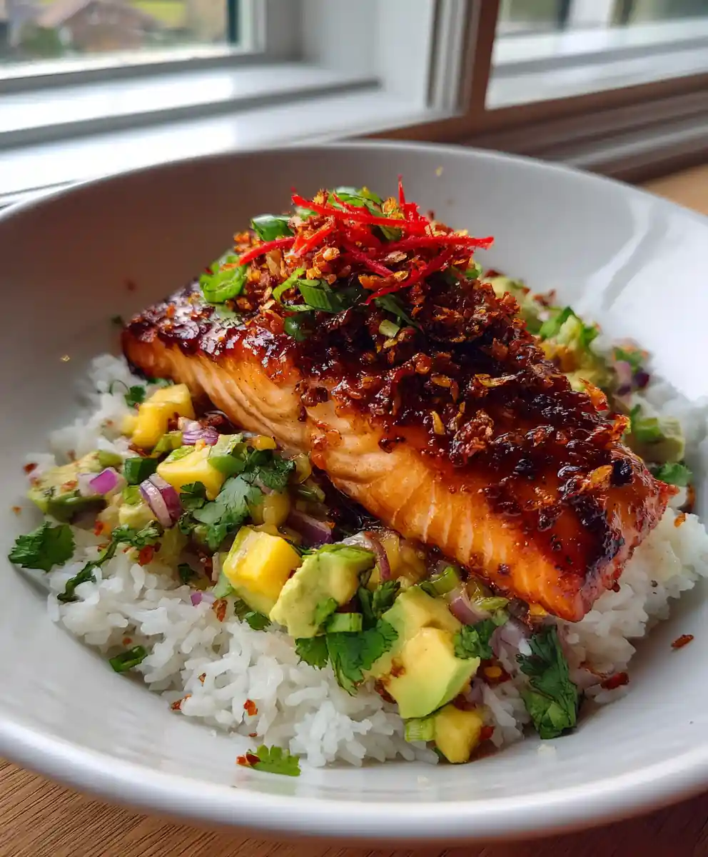 Lime Coconut Glazed Chili Crisp Salmon Bowl with Avocado Mango Salsa