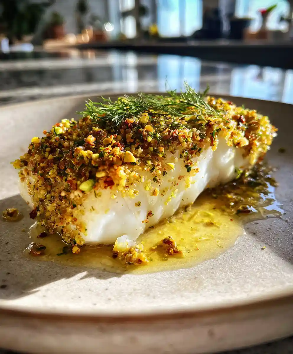 Mediterranean Baked Cod with Pistachio Za'atar Crust and Lemon Olive Drizzle