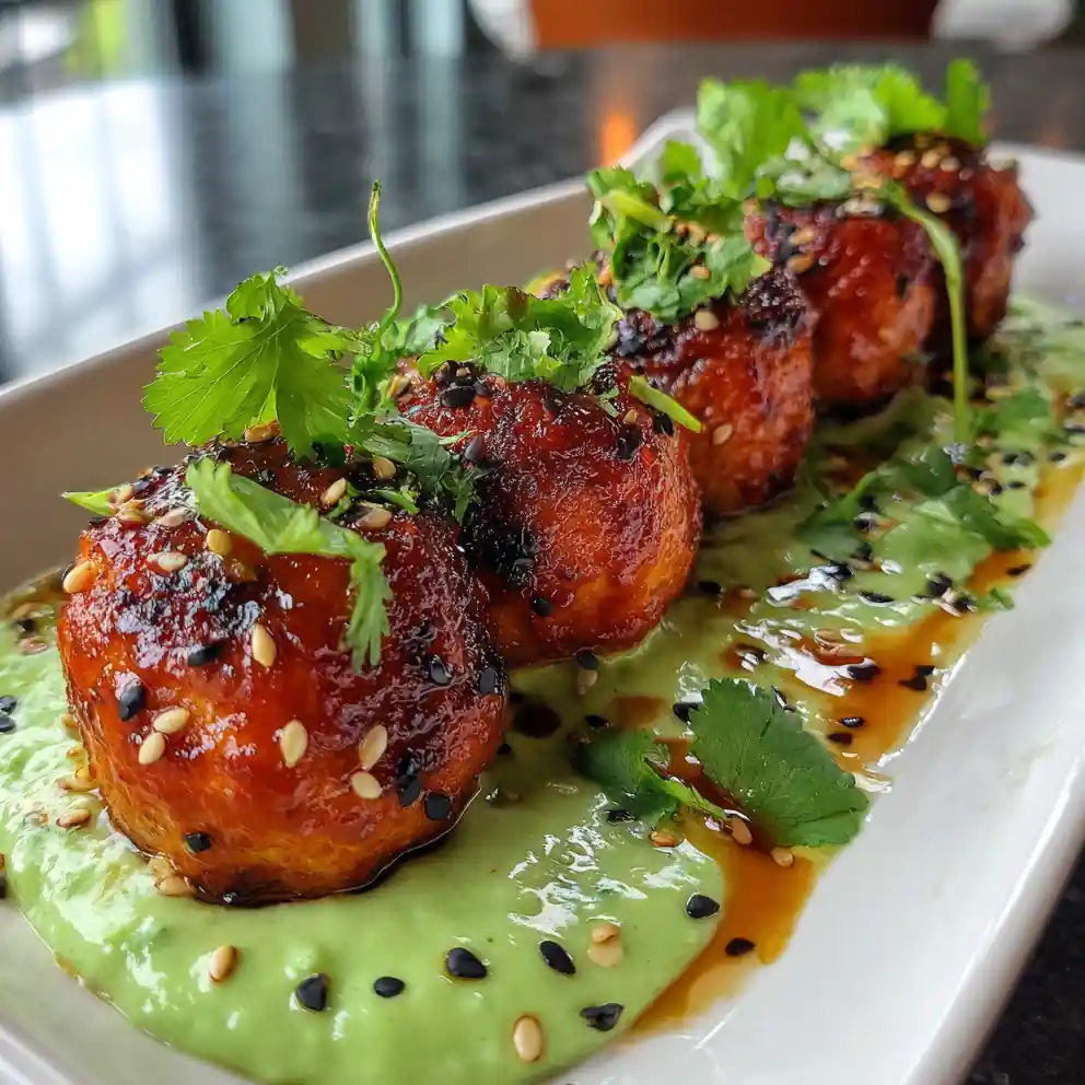 Miso Glazed Salmon Balls With Lime Cilantro Avocado Cream 6 Miso Glazed Salmon Balls with Lime Cilantro Avocado Cream