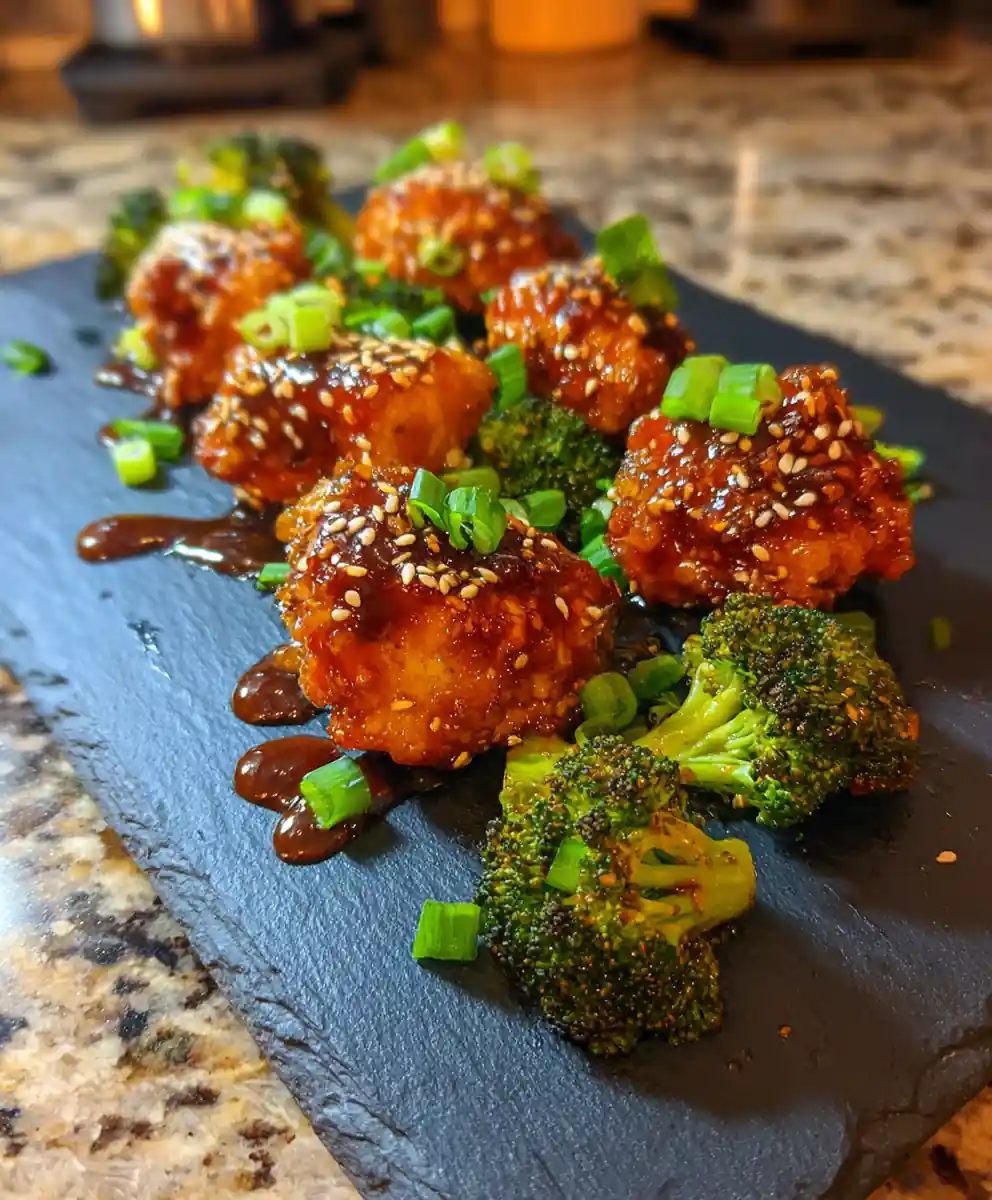 Miso Maple Glazed Air Fryer Chicken Bites with Sesame Crusted Broccoli