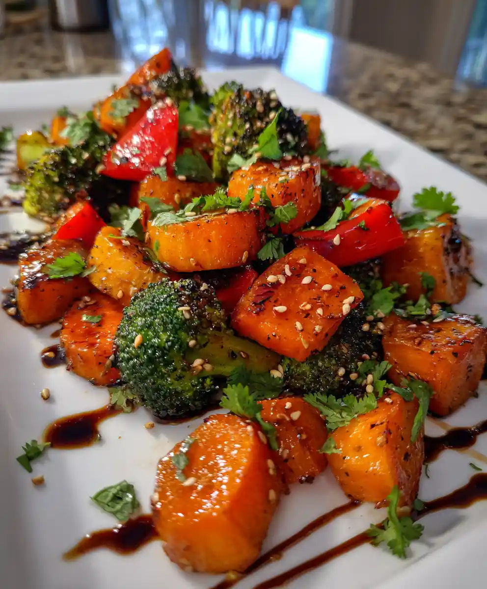 Miso Sesame Glazed Garlic Herb Roasted Veggies