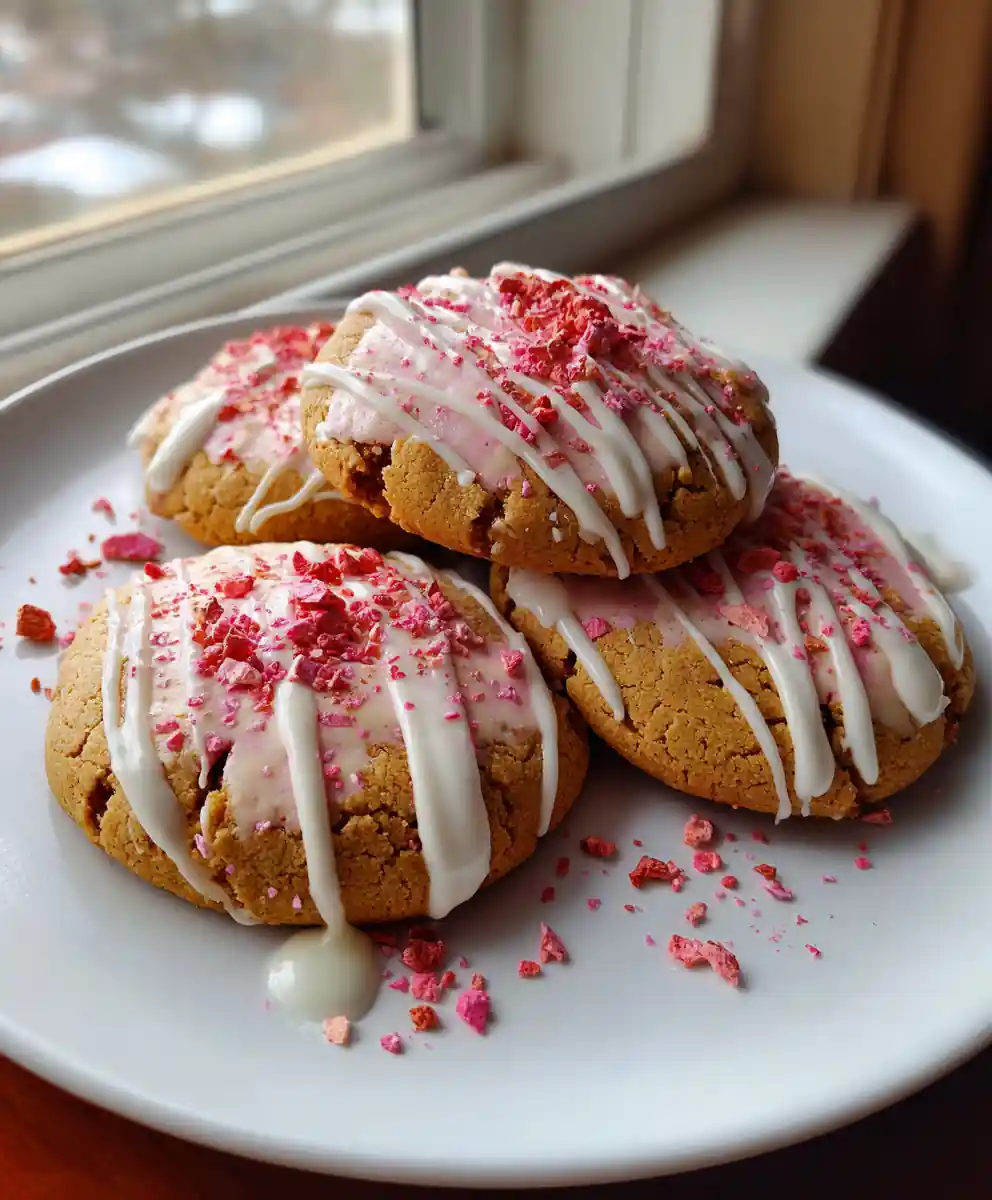 Molten Strawberry Cheesecake Cookies with White Chocolate Drizzle