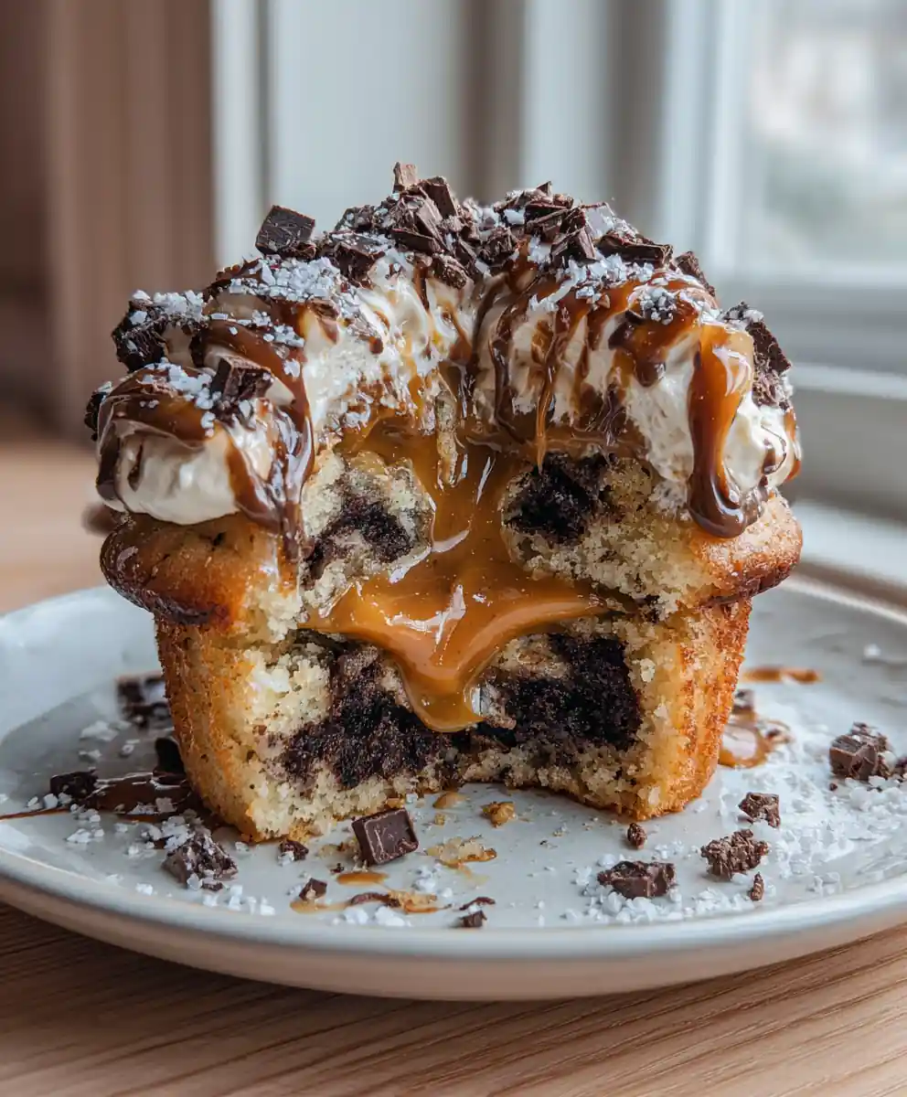 Monster Cookie Dough Cupcakes with Salted Caramel Swirl