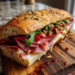 Muffuletta Sandwich With Roasted Red Pepper Olive Tapenade And Melted Provolone 1767816606.5078428