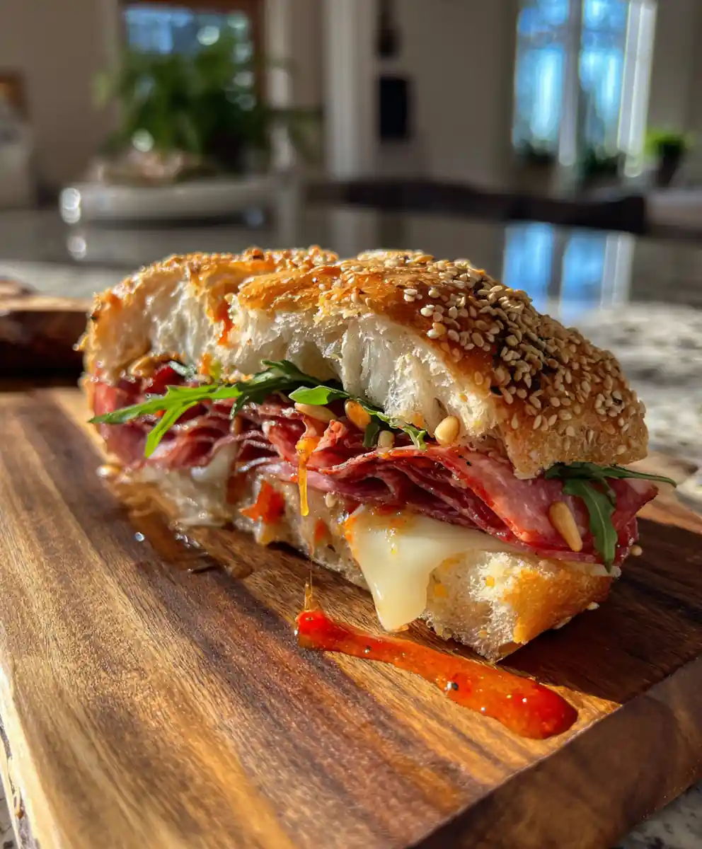 Muffuletta Sandwich with Roasted Red Pepper Olive Tapenade and Melted Provolone
