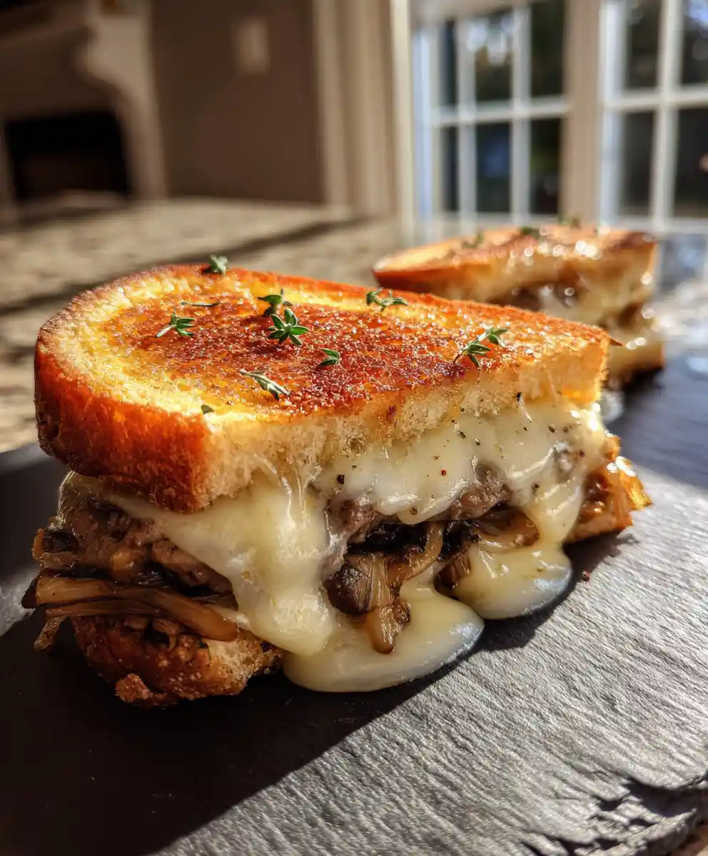 Mushroom Swiss Patty Melt with Garlic Thyme Cream Swirl