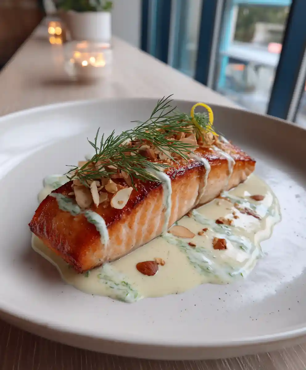One Pan Creamy Salmon with Lemon Dill Yogurt Drizzle and Almond Crumble