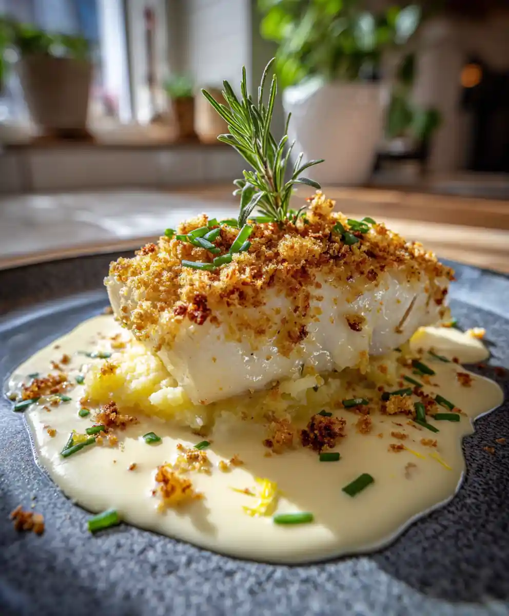 Pan Seared Cod with Rosemary Creamed Potatoes and Sage Panko Crumble