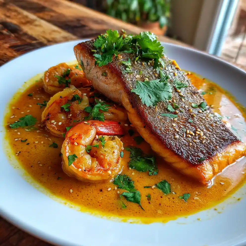 Pan Seared Salmon And Shrimp In Zesty Orange Ginger Creamy Garlic Sauce 6 Pan Seared Salmon and Shrimp in Zesty Orange Ginger Creamy Garlic Sauce